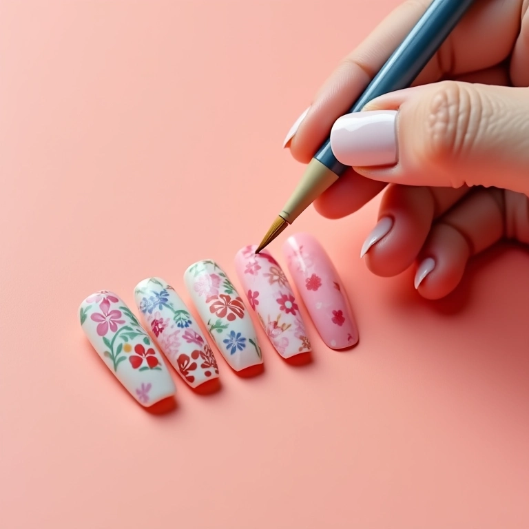 Unhas decoradas com desenhos simples à mão livre, criatividade e diversão.