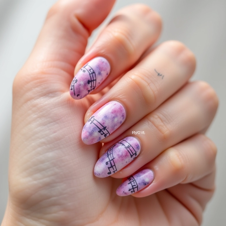 Unhas decoradas com efeito aquarela e notas musicais.