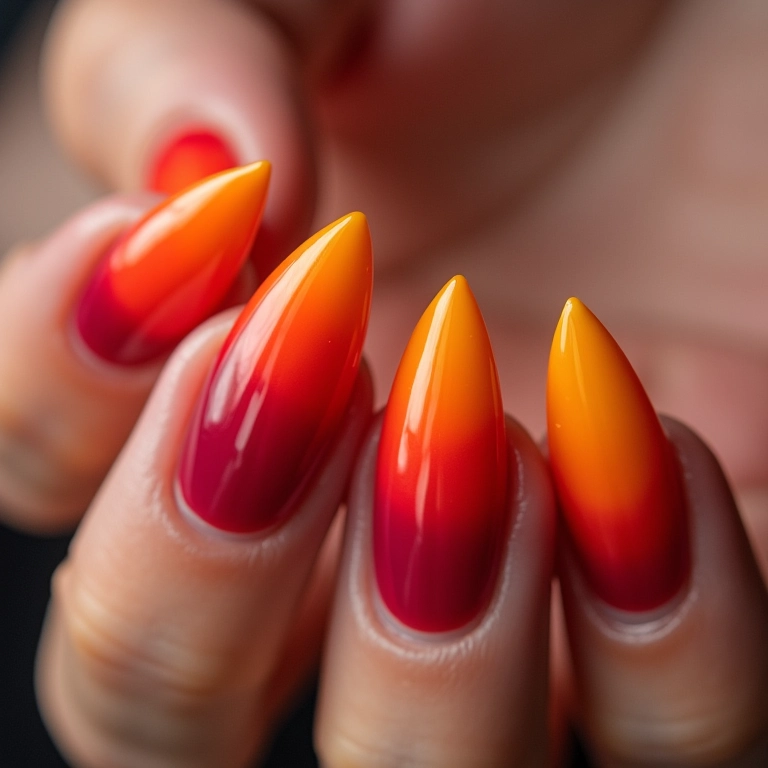 Unhas decoradas com efeito degradê de pôr do sol.