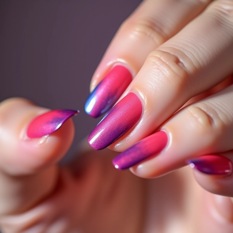 Unhas decoradas com efeito degradê e a letra W.