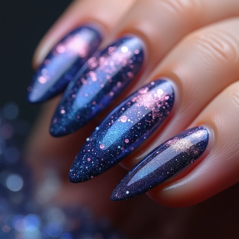 Unhas decoradas com efeito galáxia e glitter brilhante.