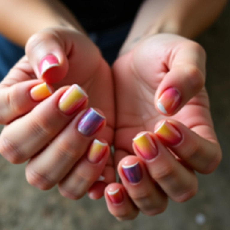 Unhas decoradas com efeito ombré e cores vibrantes.
