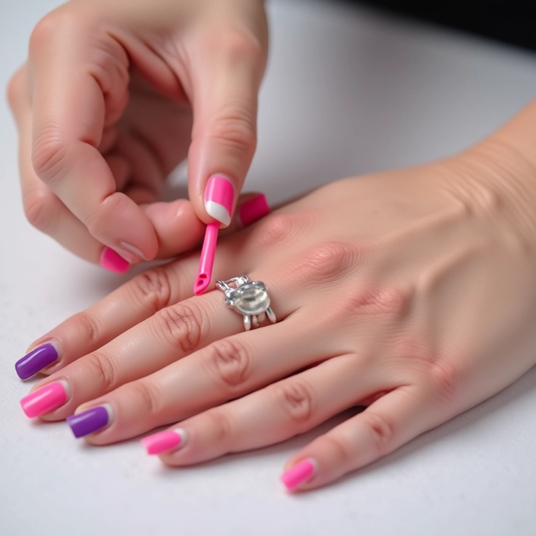 Unhas decoradas com esmaltes à base de água, seguros para crianças.