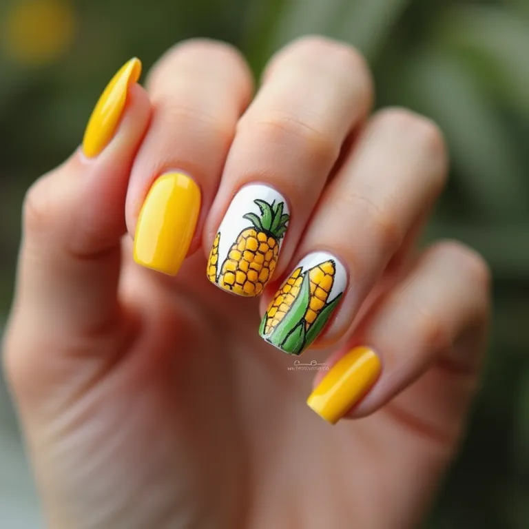 Unhas decoradas com espigas de milho.