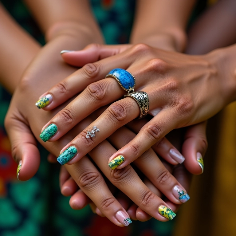 Unhas decoradas com esponja em mãos de diferentes tons de pele, arte vibrante e detalhada.