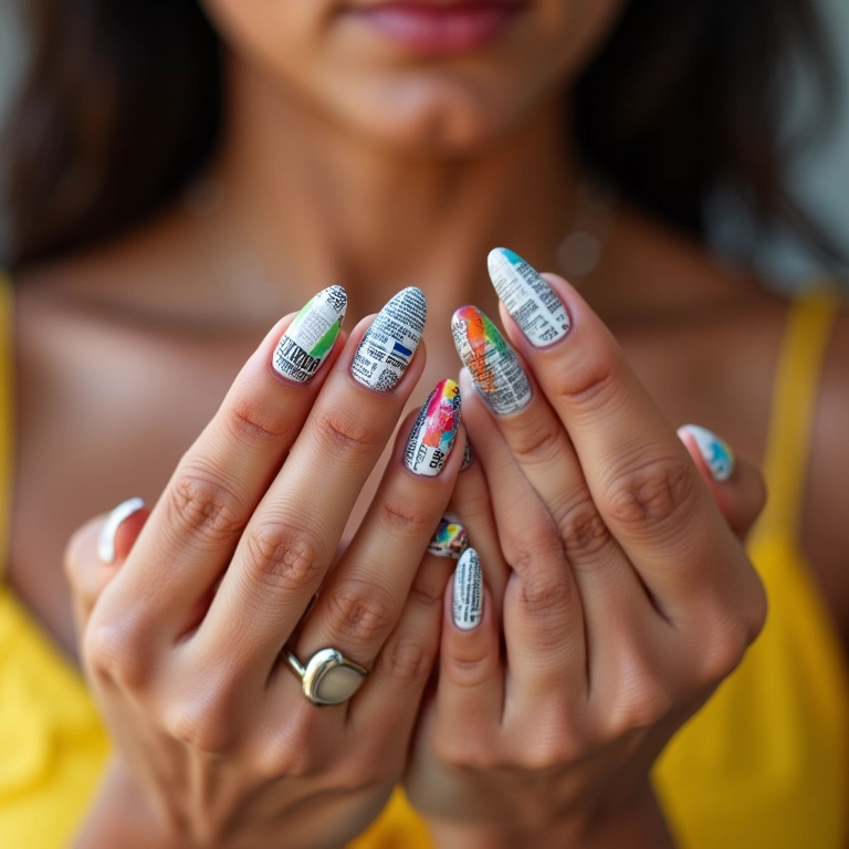 Unhas decoradas com estampa de jornal, close-up.