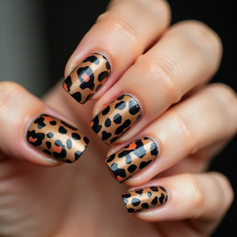 Unhas decoradas com estampa de onça em detalhes, estilo moderno e vibrante.