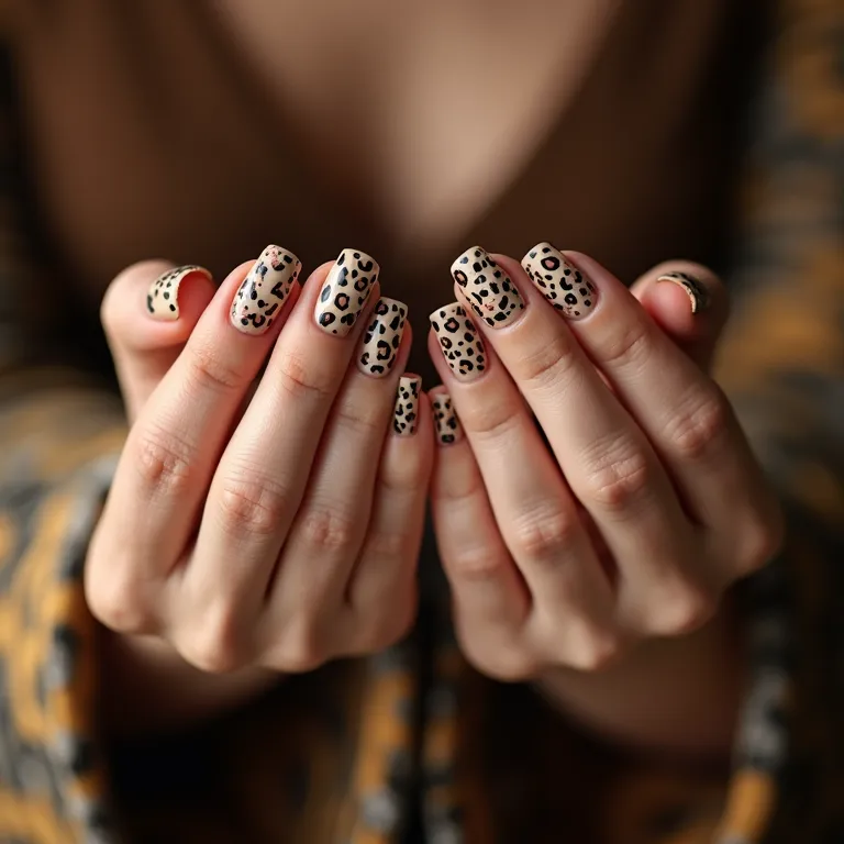 Unhas decoradas com estampa de onça em mãos femininas elegantes.