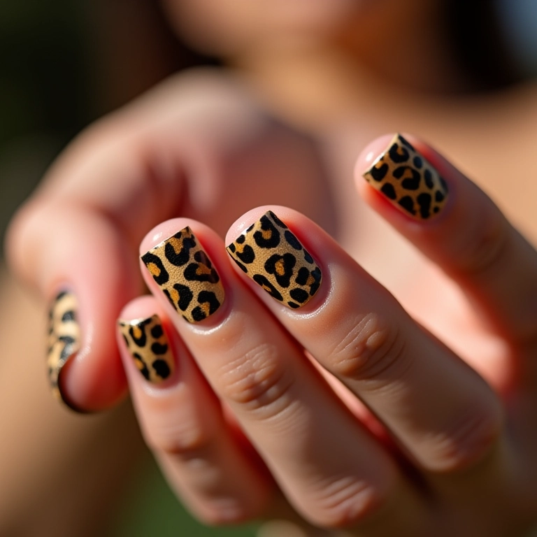 Unhas decoradas com estampa de oncinha, close-up.