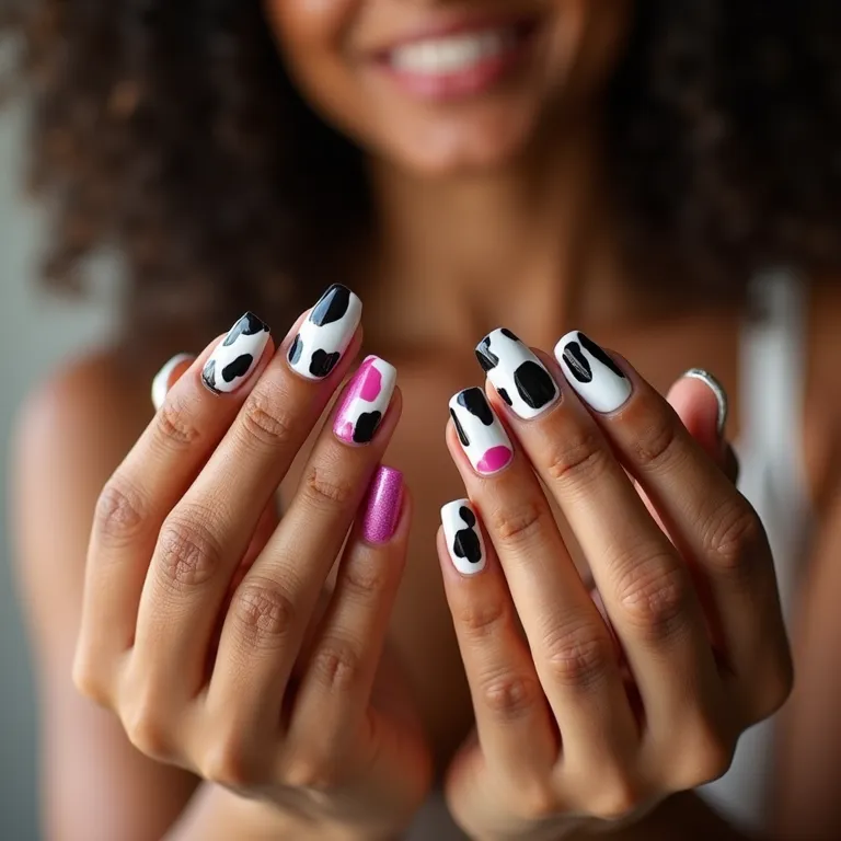 Unhas decoradas com estampa de vaca em diferentes tons de pele.
