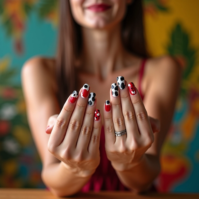 Unhas decoradas com estampa de vaquinha em close-up.