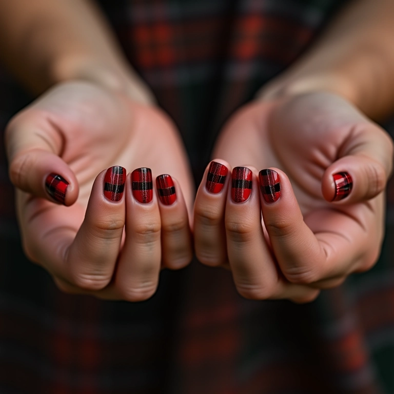 Unhas decoradas com estampa xadrez clássica em tons terrosos.
