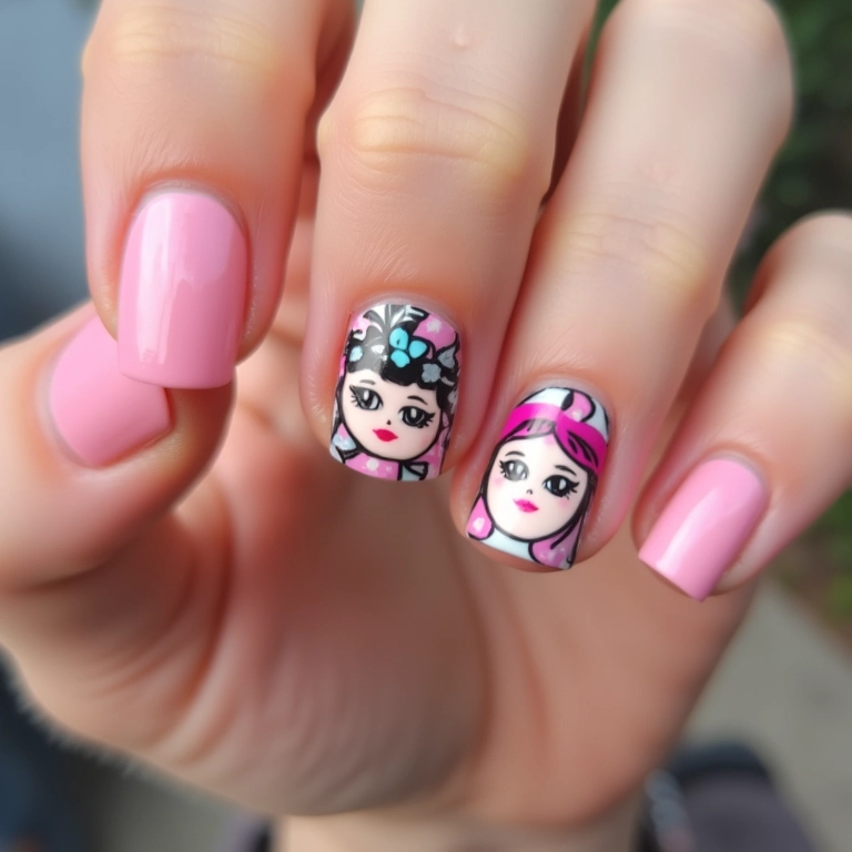 Unhas decoradas com estilo Tumblr e bonequinhas.