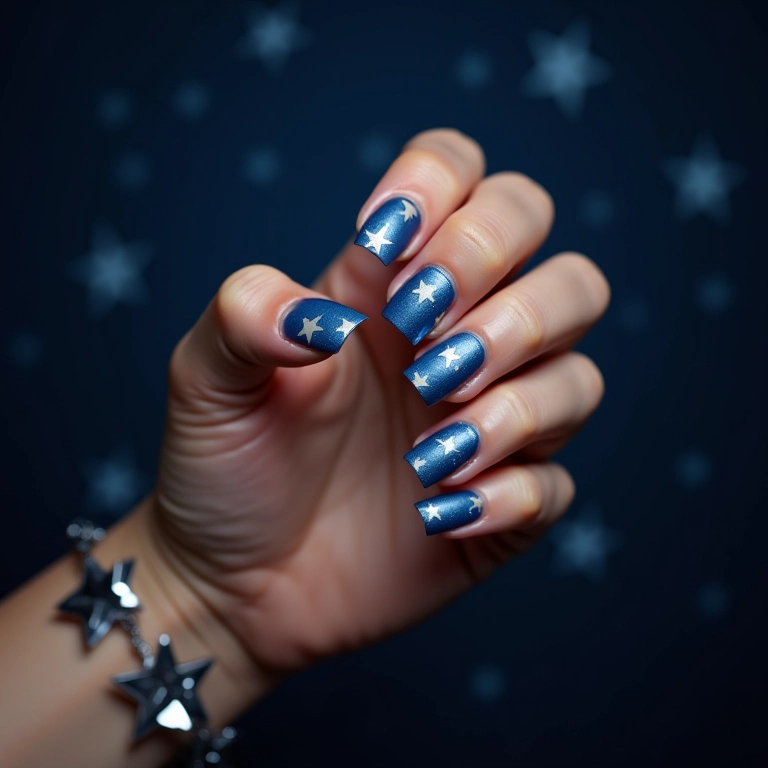 Unhas decoradas com estrelas em azul e branco.