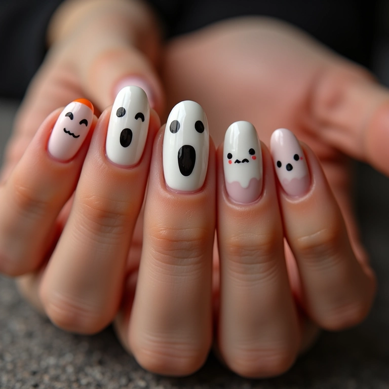 Unhas decoradas com fantasminhas fofos para o Halloween.