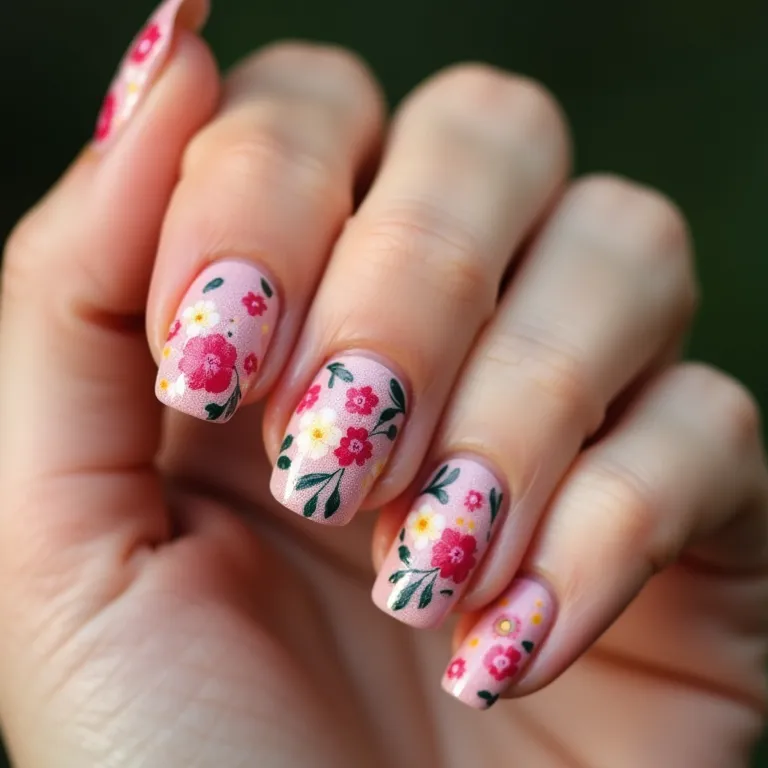 Unhas decoradas com flor de canto, design delicado e cores vibrantes.