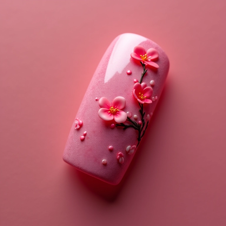 Unhas decoradas com flor de cerejeira 3D.