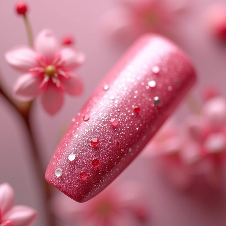Unhas decoradas com flor de cerejeira e esmalte magnético.