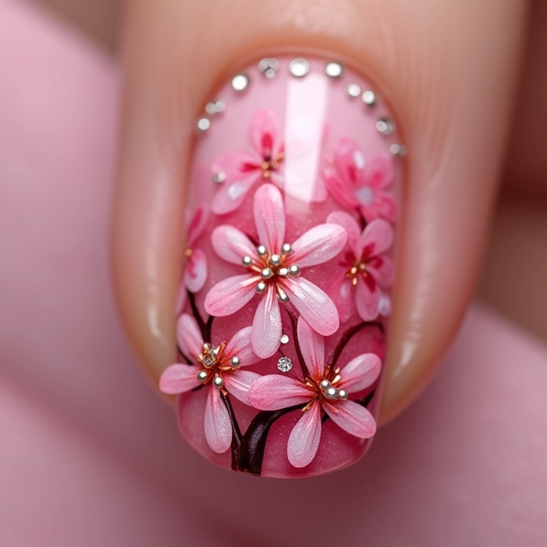 Unhas decoradas com flor de cerejeira e pedrarias.