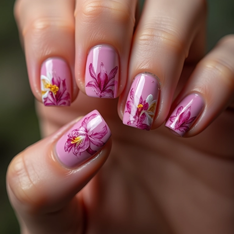 Unhas decoradas com flores brasileiras.
