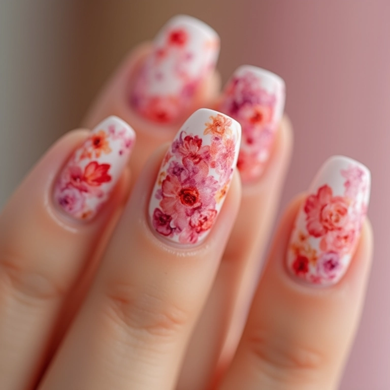 Unhas decoradas com flores delicadas.