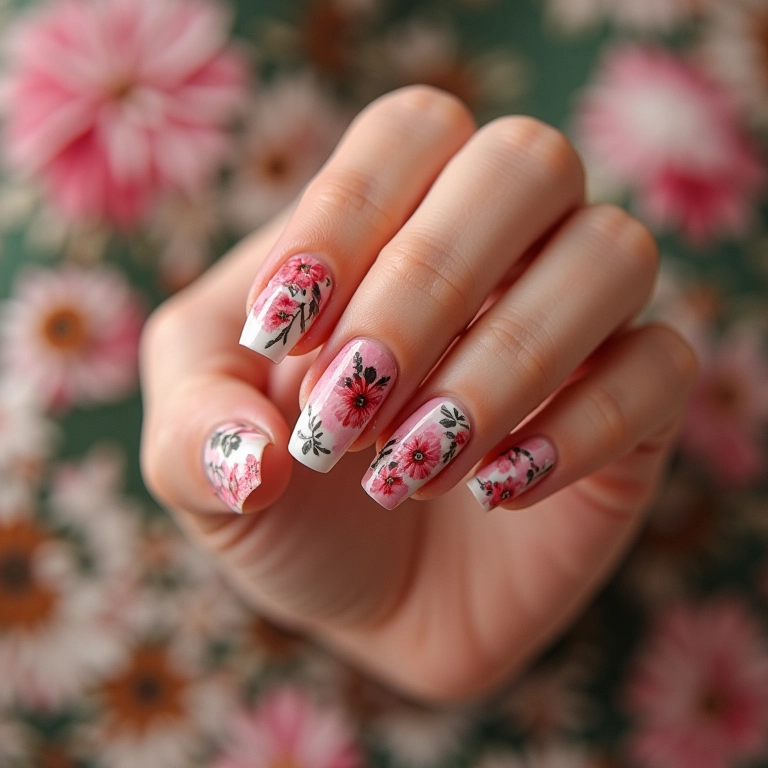 Unhas decoradas com flores delicadas.