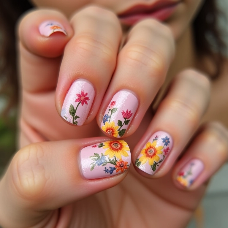 Unhas decoradas com flores delicadas.