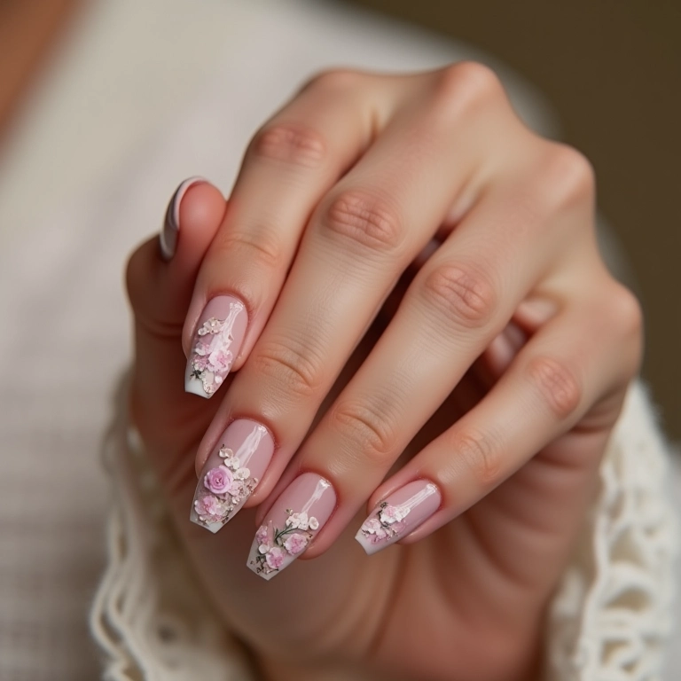 Unhas decoradas com flores delicadas e femininas.