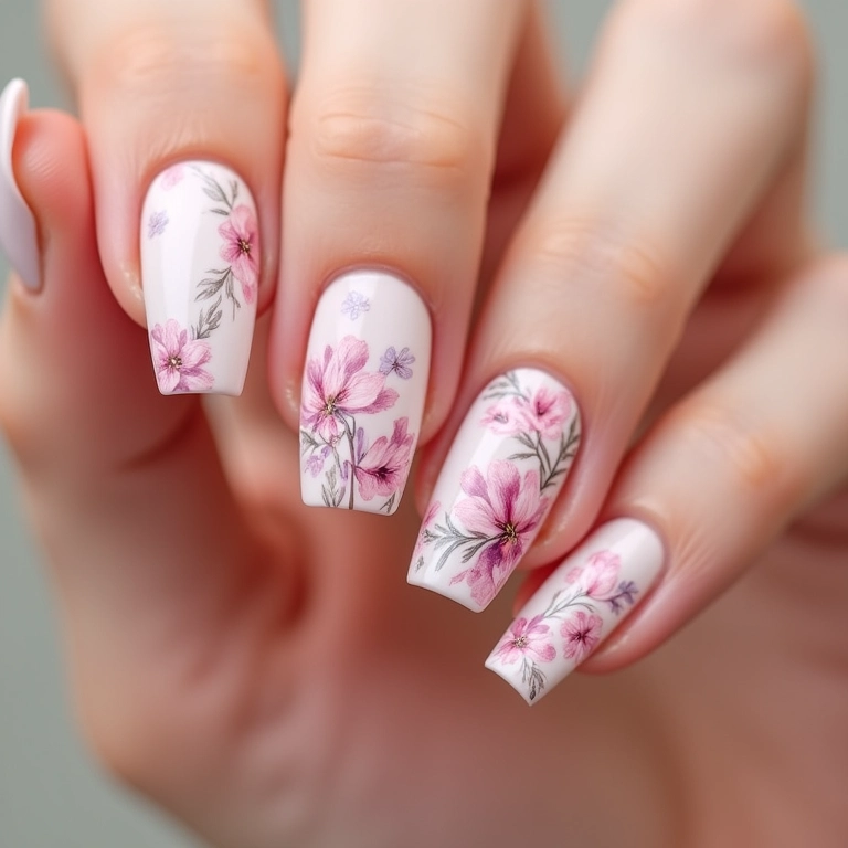 Unhas decoradas com flores delicadas em tons pastel.