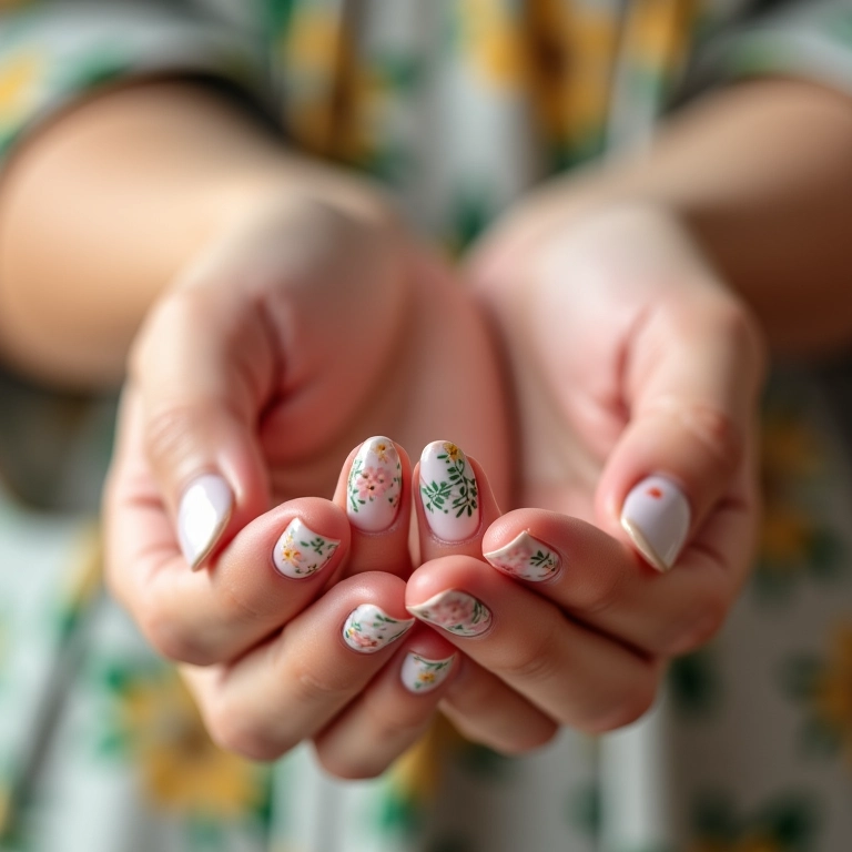 Unhas decoradas com flores delicadas em tons pastel.