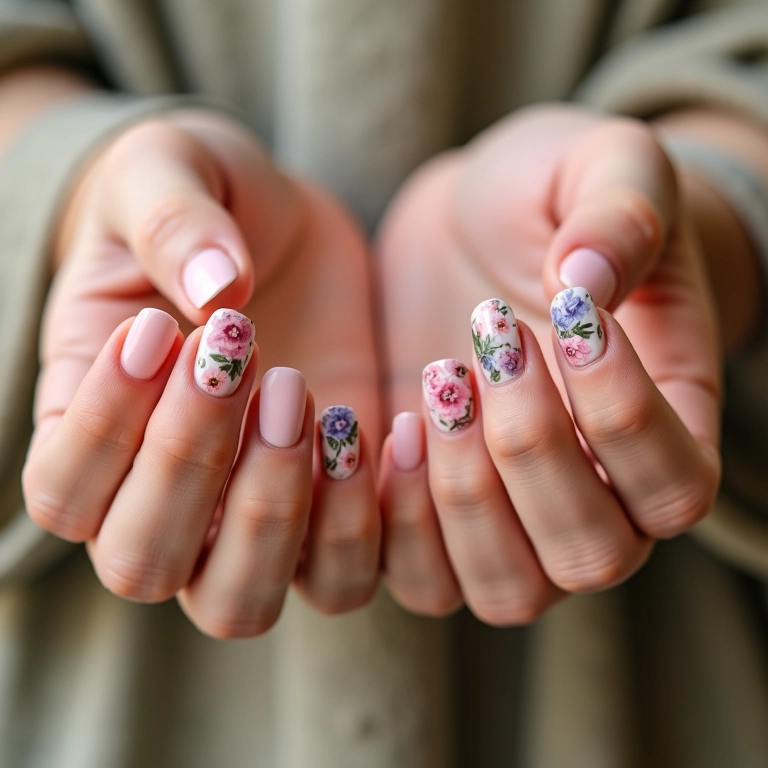 Unhas decoradas com flores delicadas em tons pastel, estilo brasileiro.