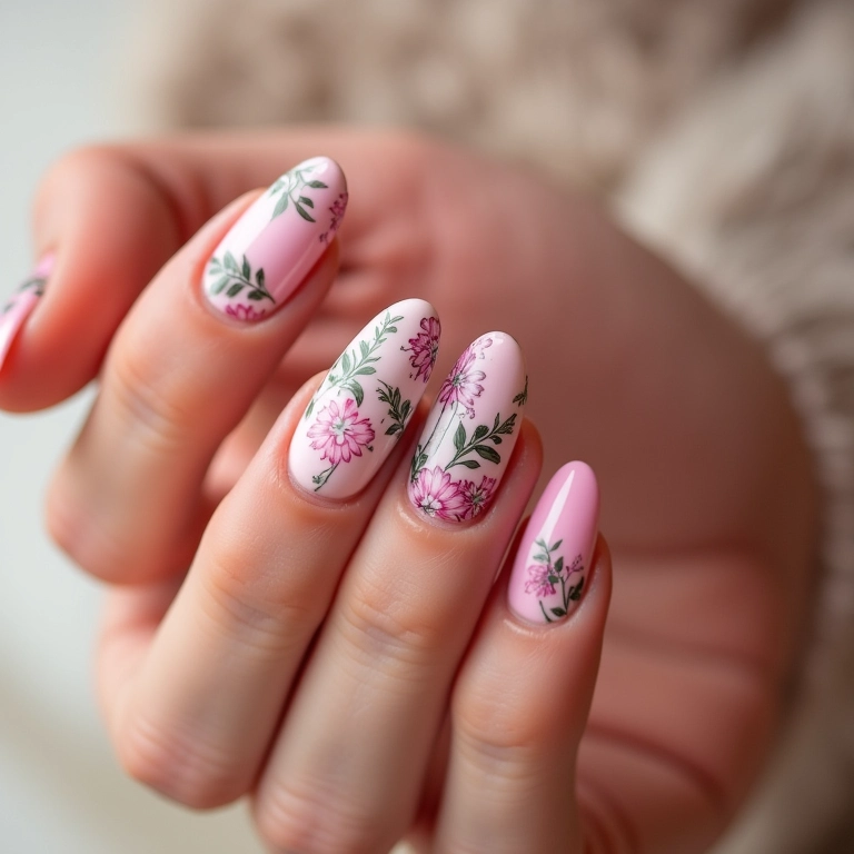 Unhas decoradas com flores delicadas em tons pastel.