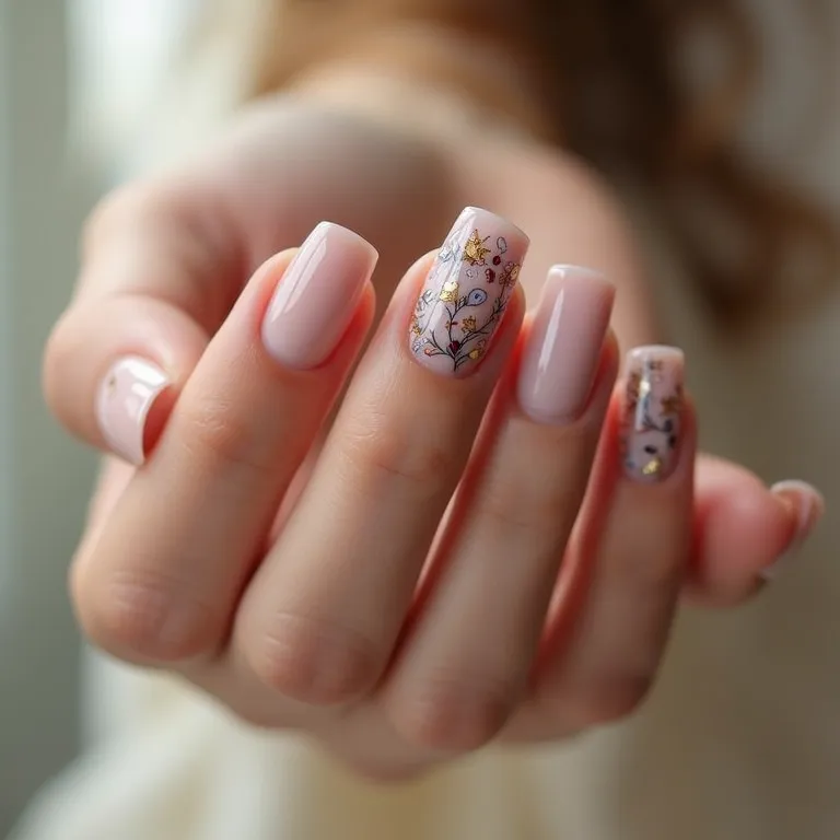Unhas decoradas com flores delicadas, estilo romântico e elegante.