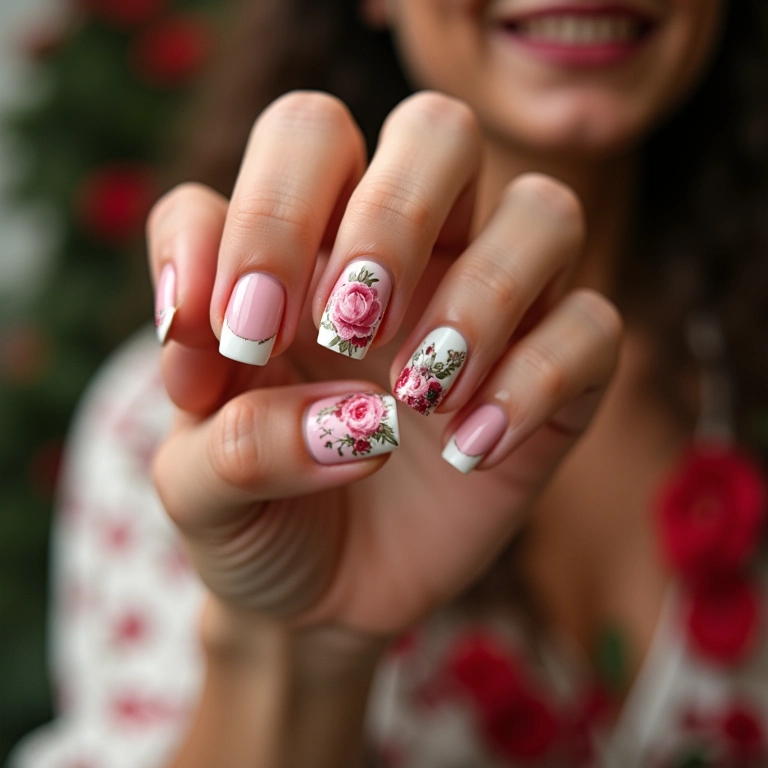 Unhas decoradas com flores delicadas para festa.
