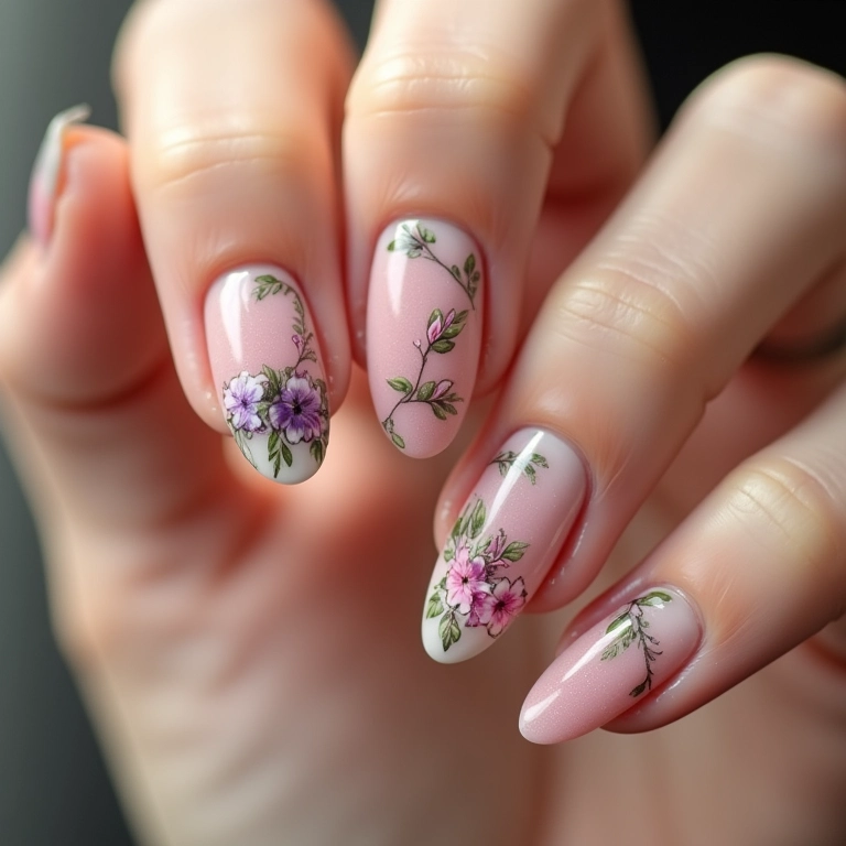 Unhas decoradas com flores delicadas, um toque romântico e charmoso.