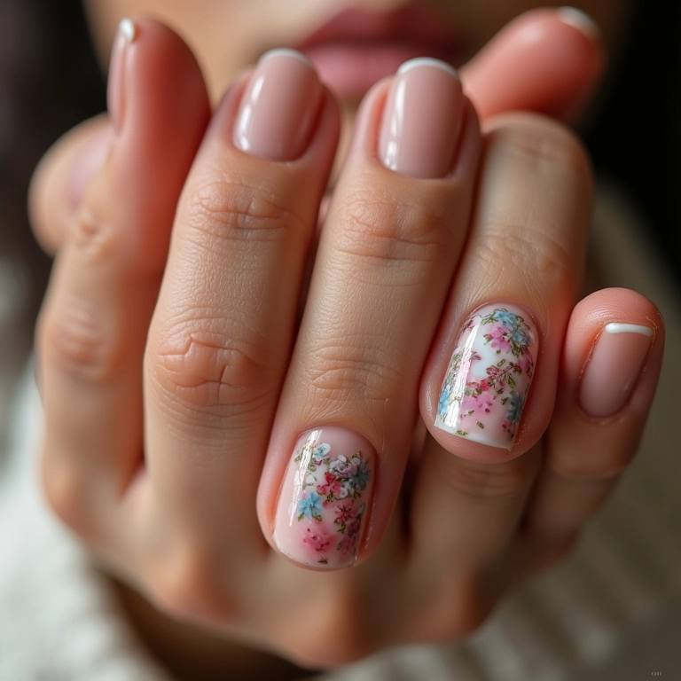 Unhas decoradas com flores delicadas.