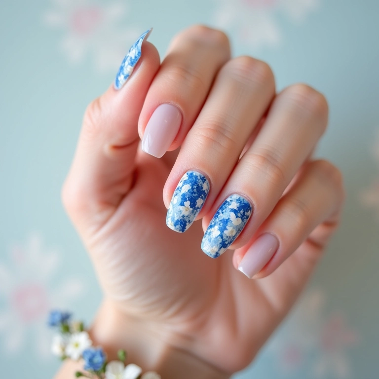 Unhas decoradas com flores em azul e branco.
