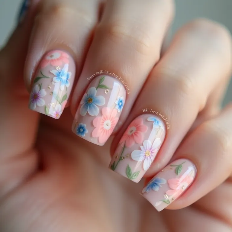 Unhas decoradas com flores em tons pastel para o São João.