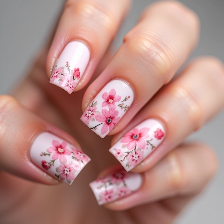 Unhas decoradas com flores rosa e branco.