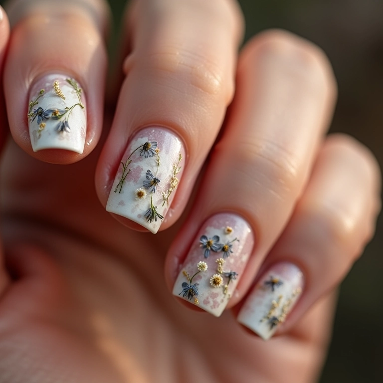 Unhas decoradas com flores secas.