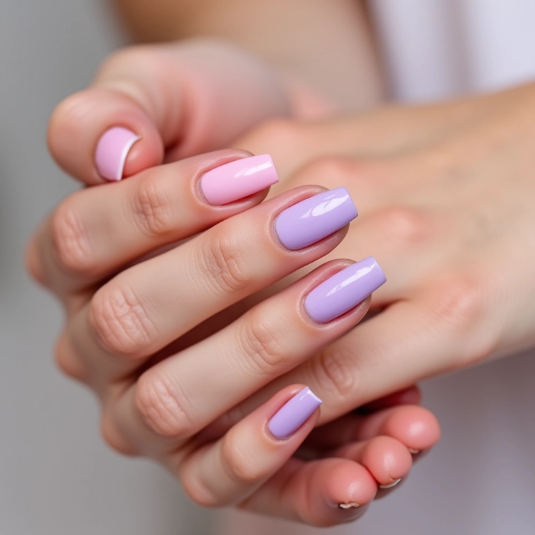 Unhas decoradas com francesinha em tons pasteis.