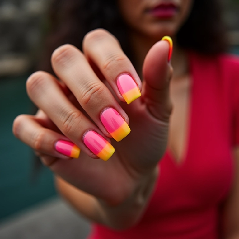Unhas decoradas com francesinha neon.