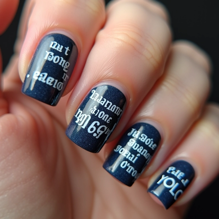 Unhas decoradas com frases de séries famosas.