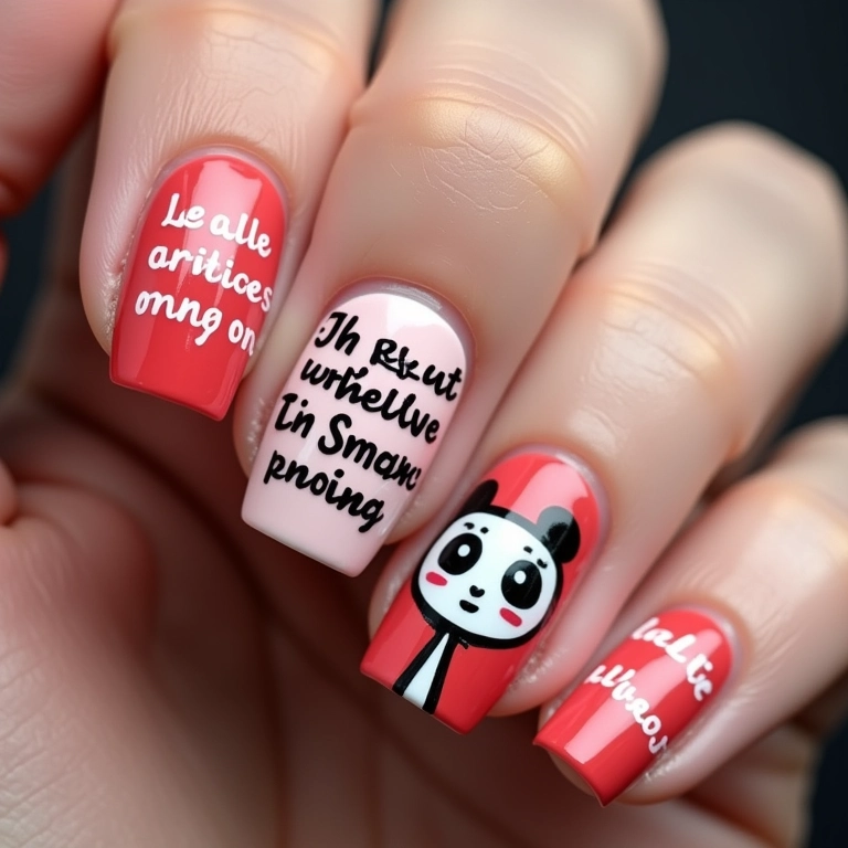 Unhas decoradas com frases e bonequinhas.