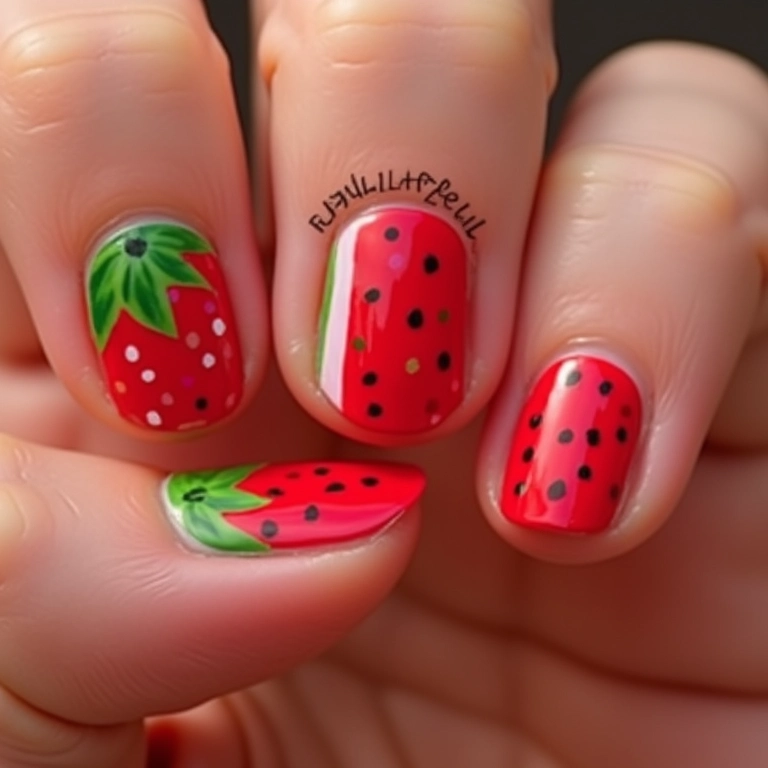 Unhas decoradas com frutas, um design divertido e refrescante.