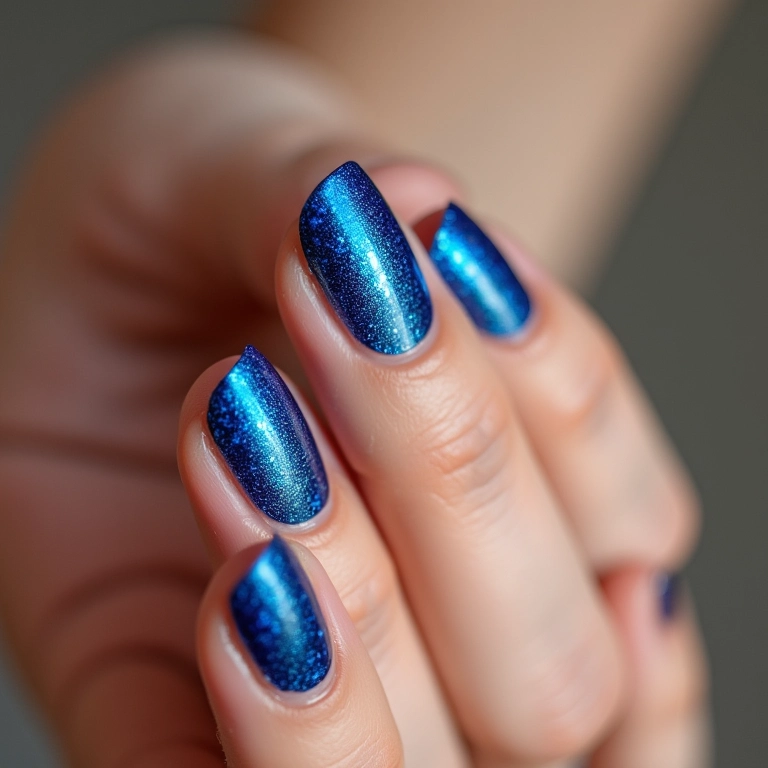 Unhas decoradas com glitter azul vibrante e estiloso.