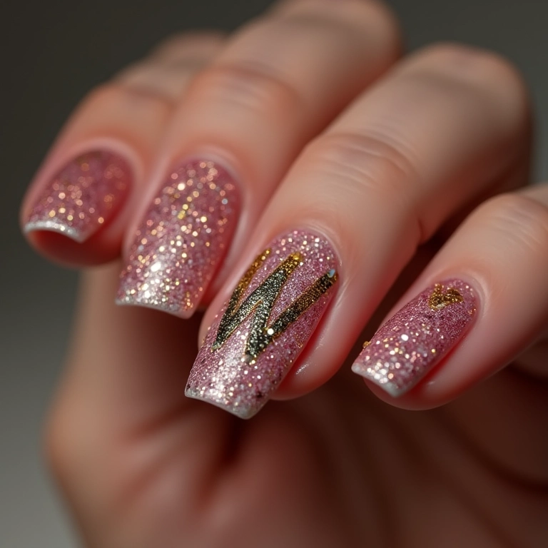 Unhas decoradas com glitter e a letra W brilhante.
