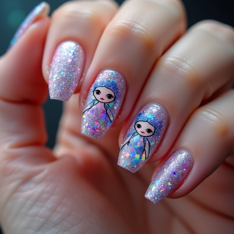 Unhas decoradas com glitter e bonequinhas brilhantes.