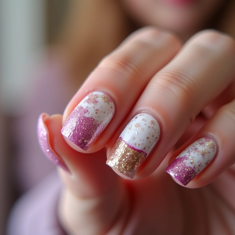 Unhas decoradas com glitter e tema de cupcake.
