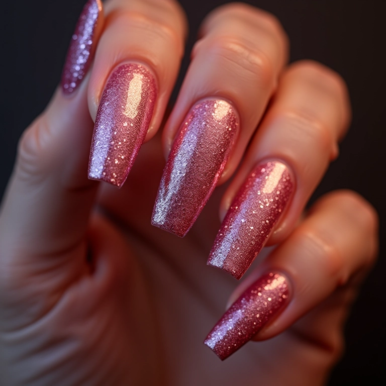Unhas decoradas com glitter, efeito brilhante e festivo.